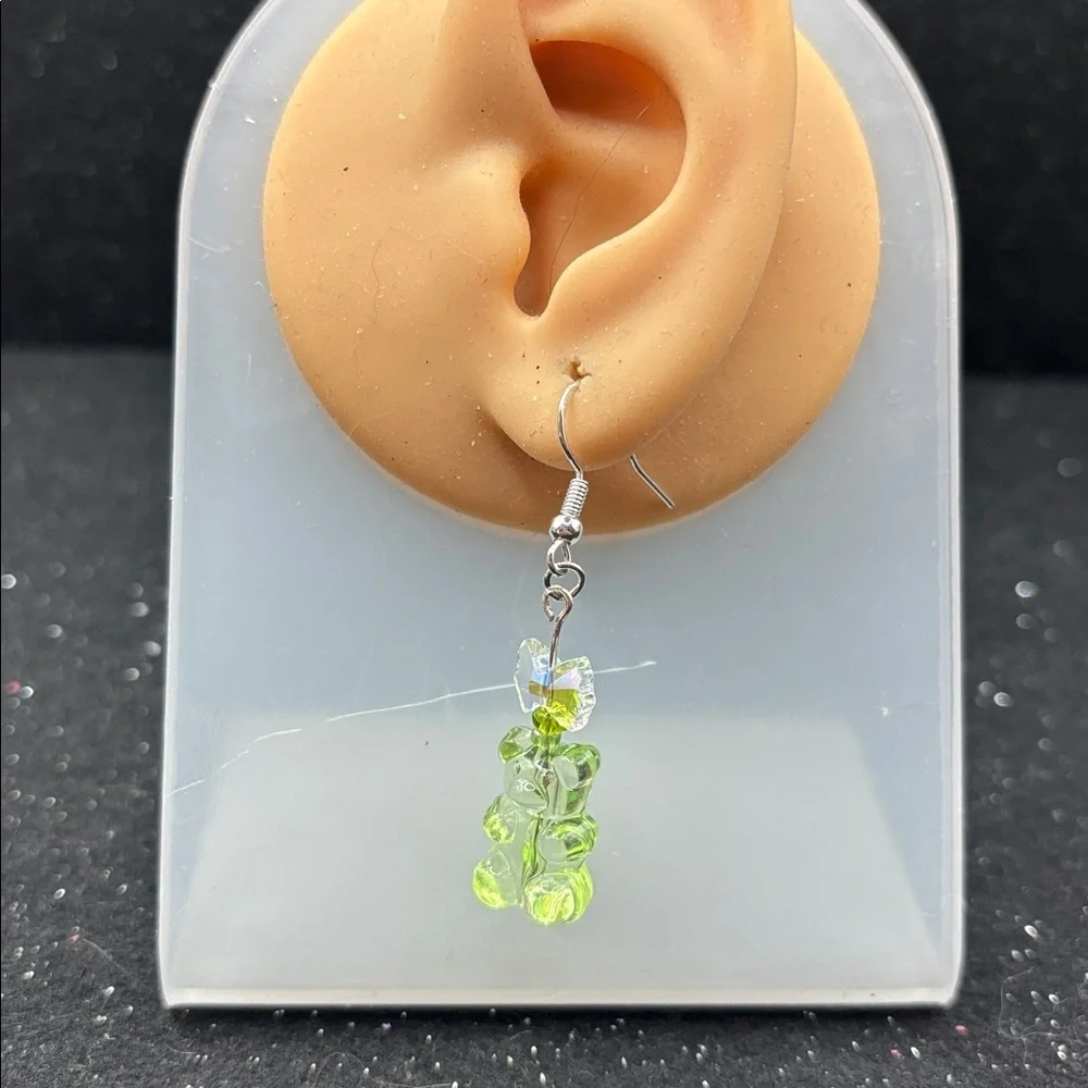 Green Gummy Bear Earrings with Crystal Bow